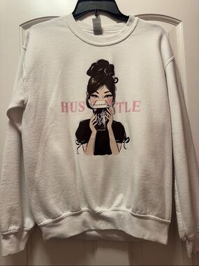 NEED GONE- White Sweatshirt with Graphic Girl and Pink 'HUSTLE' Text